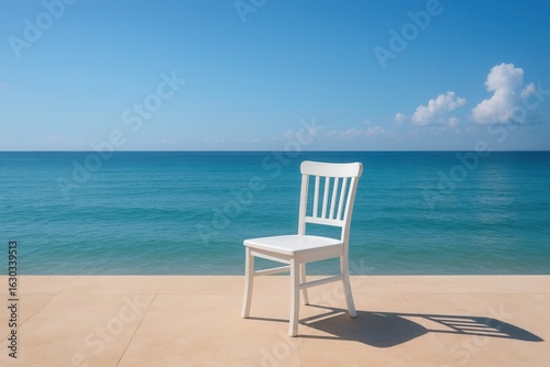 A solitary white chair stands on a tiled deck, overlooking the vast expanse of blue ocean under a clear sky dotted with fluffy clouds
