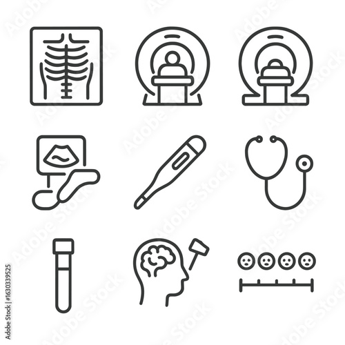 Trauma Diagnosis Icon Set. Outline icon set of trauma diagnosis tools: X-ray, MRI, CT scan, ultrasound, thermometer, stethoscope,