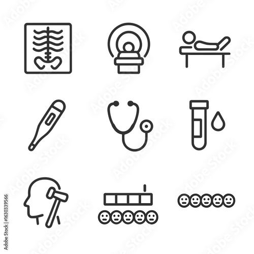Trauma Diagnosis Icon Set. Outline icon set of trauma diagnosis tools: X-ray, MRI, CT scan, ultrasound, thermometer, stethoscope,