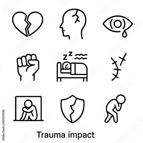 Trauma Impact Icons. Outline icon set of trauma impact: broken heart, shattered mind, crying eye, clenched fist, restless sleep,
