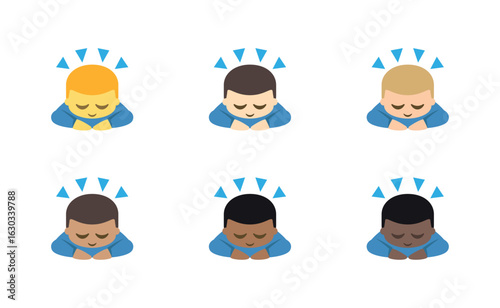 Illustration of diverse people bowing with glowing light above their heads on a white background
