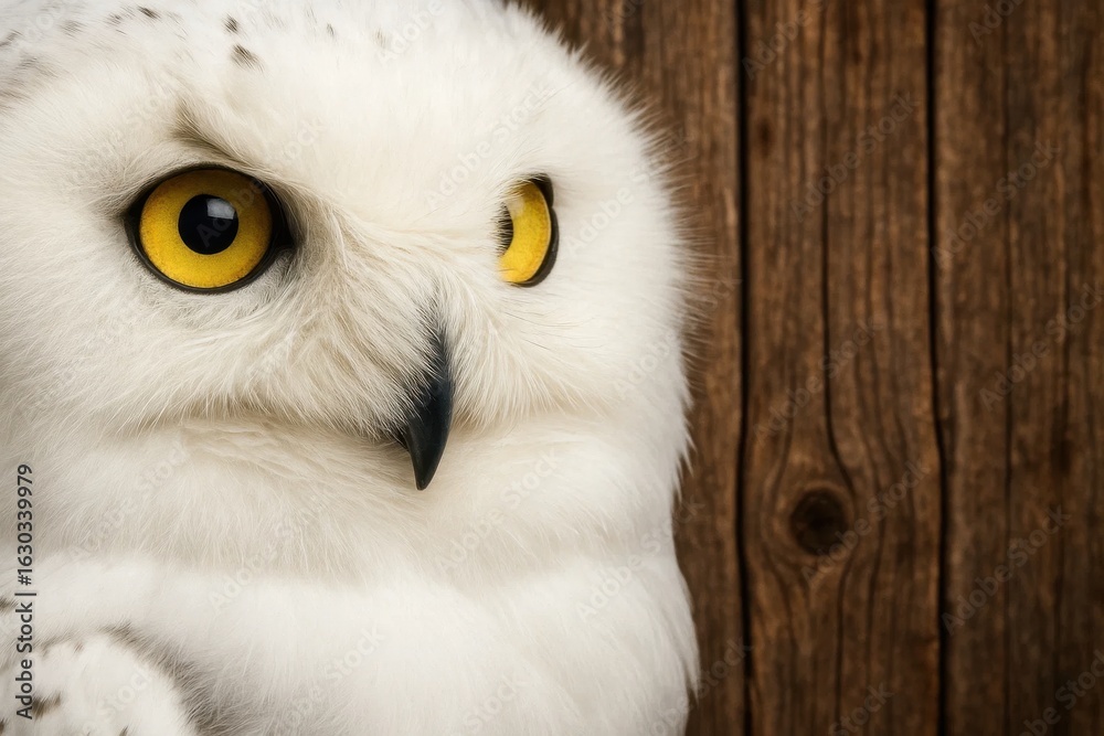 Fototapeta premium Close-up of a majestic white owl with striking yellow eyes perched on a rustic wooden background