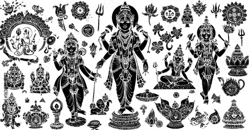 Intricate Black and White Line Art of Hindu Deities, Symbols, and Ornamental Elements