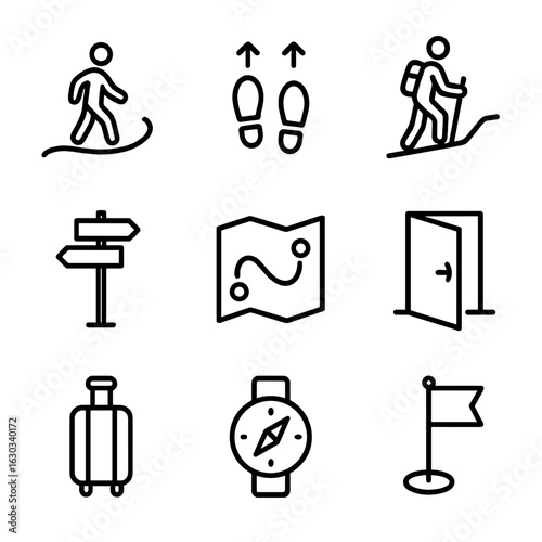 Travel Direction Icons. Outline icon set of pedestrian and travel directions: walking path, footstep arrows, hiking trail,