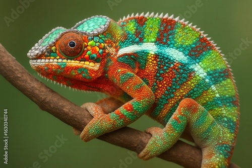 A vibrant chameleon perches on a branch, its colorful scales shimmering in hues of orange, green, blue, and yellow against a soft green backdrop