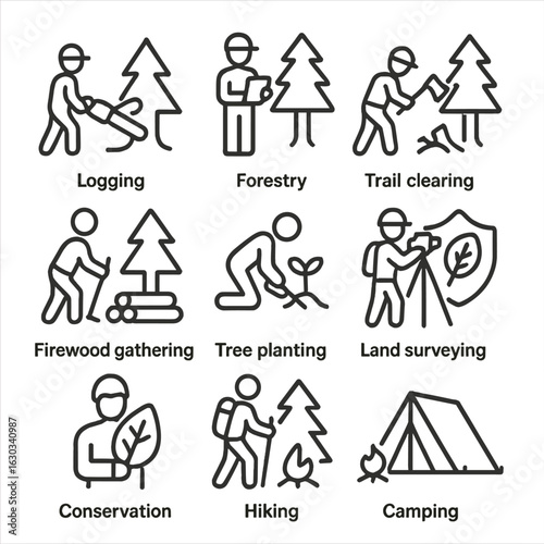 Treefall Activity Icons. Outline icon set of treefall human activities: logging, forestry, trail clearing, firewood gathering,