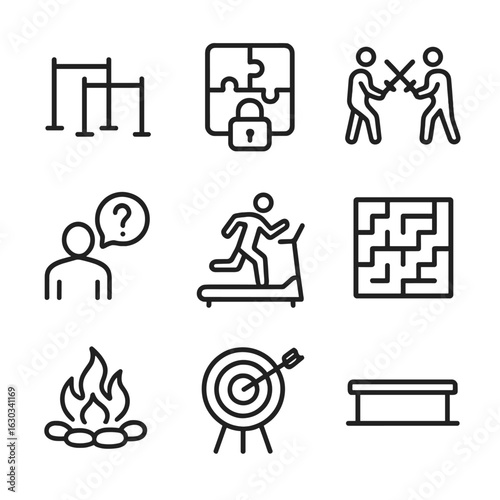 Trial Challenges Icons. Outline icon set of trial challenges: obstacle course, puzzle lock, duel, riddle, endurance test, maze,