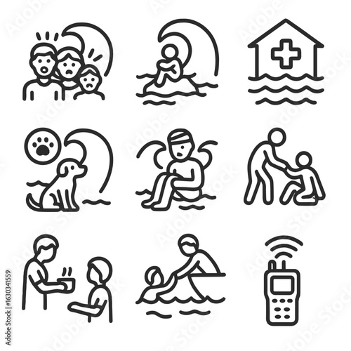 Tsunami Impact Icons. Outline icon set of tsunami impact on people: frightened family, stranded person, emergency shelter, lost