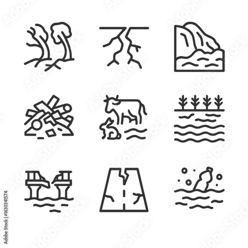Tsunami Impact Icons. Outline icon set of tsunami effects on environment: destroyed trees, cracked earth, mudslide, debris pile,