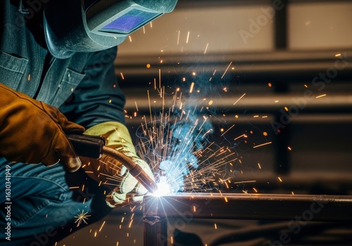 Welder in protective gear welds metal sparks fly