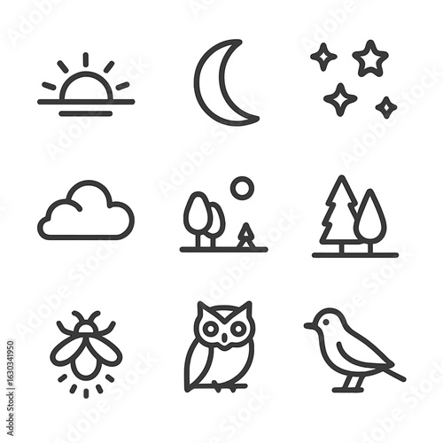 Twilight Nature Icons. Outline icon set of twilight nature: setting sun, crescent moon, stars, clouds, dusk sky, silhouetted trees