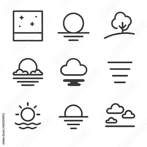 Twilight Icon Set. Outline icon set of twilight colors: gradient sky, fading light, silhouettes, glowing horizon, twilight clouds,