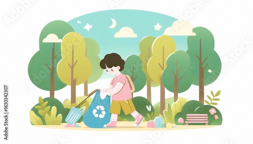 Clean vector illustration of a boy picking up trash in nature with a reusable bag. Promotes environmental responsibility, conservation habits and eco-conscious behavior in children.