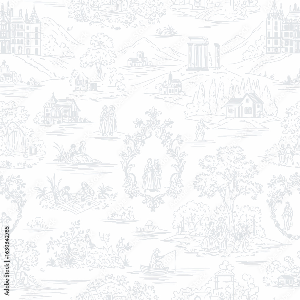 Obraz premium Delicate toile pattern featuring pastoral scenes with buildings, figures, trees, and landscapes in a light blue-grey on a white background.