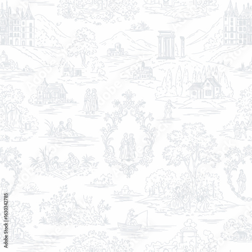 Delicate toile pattern featuring pastoral scenes with buildings, figures, trees, and landscapes in a light blue-grey on a white background.