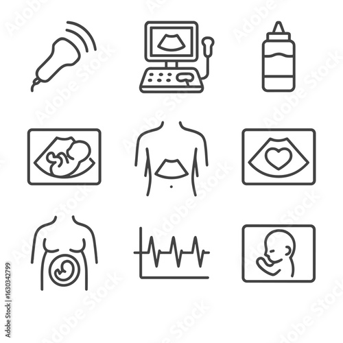 Ultrasound Icon Set. Outline icon set of medical ultrasound imaging: transducer probe, ultrasound machine, gel bottle, fetal scan,