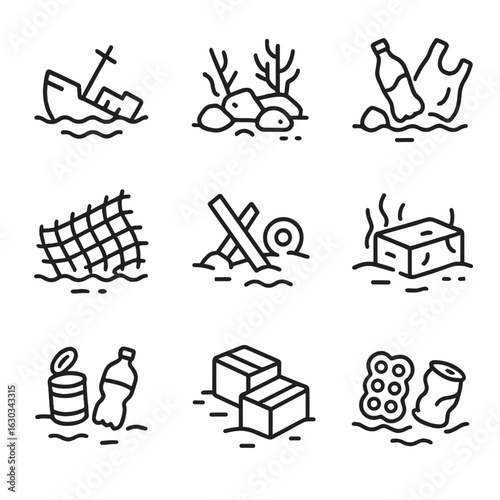 Underwater Debris Icon Set. Outline icon set of underwater debris: sunken ship parts, coral rubble, plastic waste, fishing nets,
