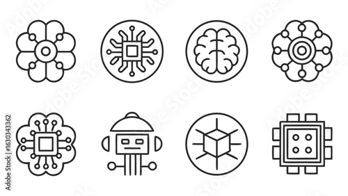 AI Technology Icons:  Modern Line Art Graphics Set for Web and App Design.