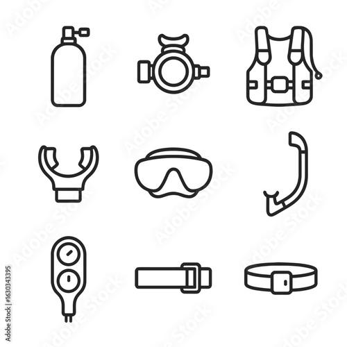 Underwater Gear Icons. Outline icon set of underwater breathing apparatus: scuba tank, demand valve, regulator, buoyancy control