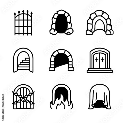 Underworld Icon Set. Outline icon set of underworld gates and passages: iron gate, dark portal, stone archway, spiral stairs,