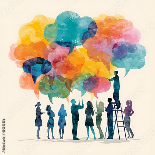 Diverse group of people communicating and sharing ideas with colorful speech bubbles isolated on white background