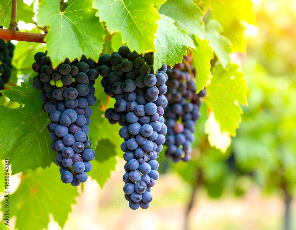 Naklejka premium Clusters of plump, dark purple grapes hanging from vines with lush green leaves