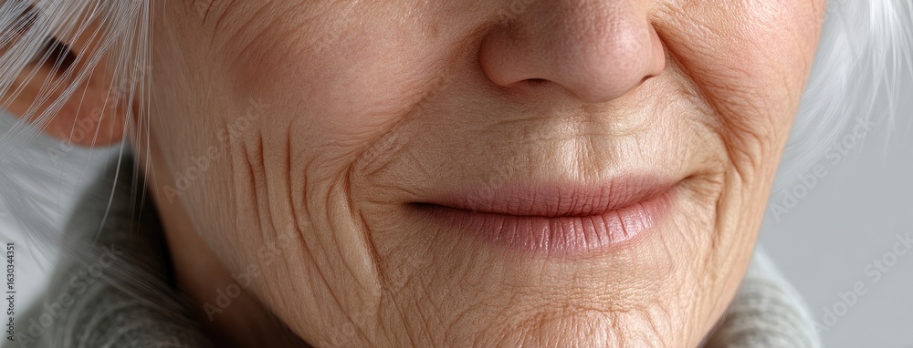 Fototapeta premium Close-up view of an elderly woman's face showcasing wisdom and age with detailed wrinkles in soft lighting, highlighting her experiences and emotions