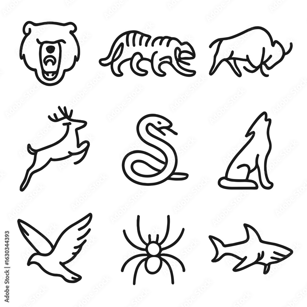 Obraz premium Untamed Animal Icons. Outline icon set of untamed animals: snarling bear, prowling tiger, charging buffalo, jumping deer, crawling