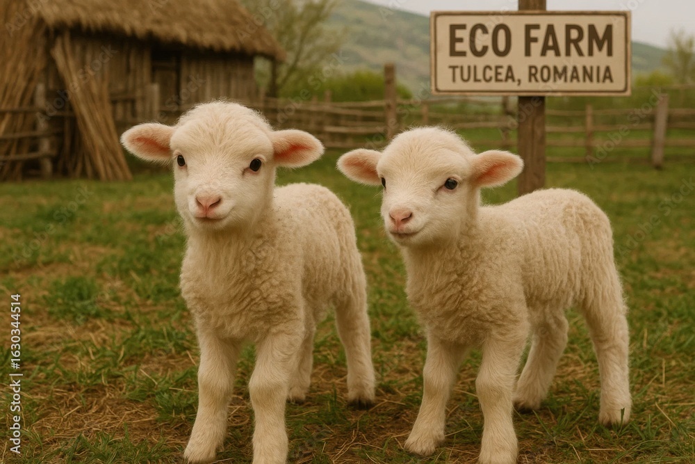 Obraz premium Two baby sheep standing in a field near a sign that says Eco Farm Tulcea, Romania