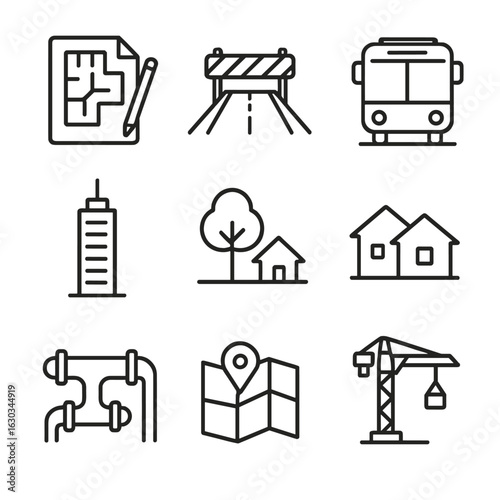 Urban Expansion Icons. Outline icon set of urban expansion: city planning, road construction, public transport, skyscraper, green