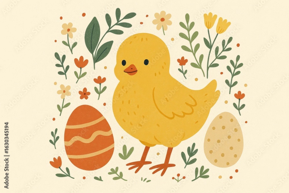 Fototapeta premium A joyful chick stands amidst spring flowers and Easter eggs, symbolizing new beginnings and celebration