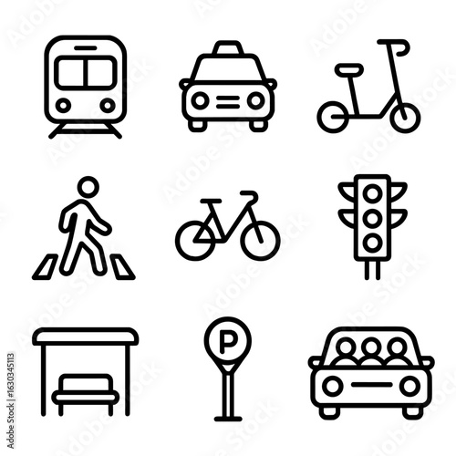 Urban Mobility Icons. Outline icon set of urban mobility: subway train, taxi, electric scooter, pedestrian crossing, bike share,