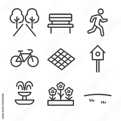 Urban Park Icon Set. Outline icon set of urban park fresh air: tree-lined path, bench silhouette, jogging figure outline, bicycle