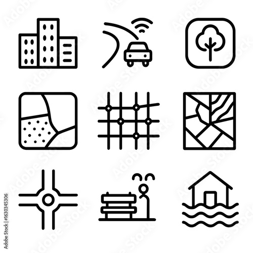 Urban Planning Icons. Outline icon set of satellite view in urban planning: building density, traffic analysis, green spaces, land
