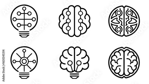 Six minimalist line art icons: interconnected brains and lightbulbs;  modern, conceptual, and innovative design for technology, ideas, and networking.