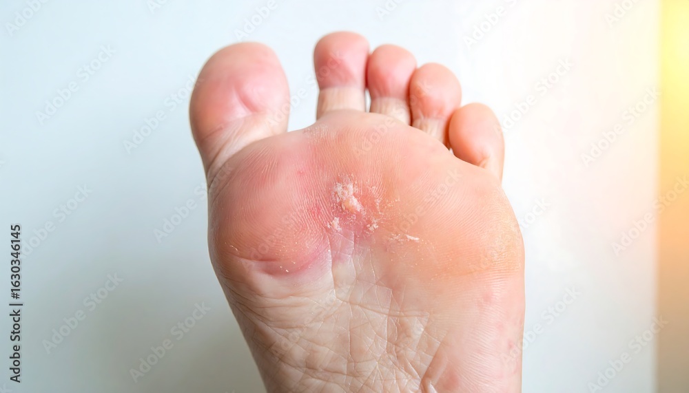 Fototapeta premium Close-up of a sole with a lesion exhibiting redness and scaling