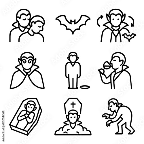 Vampire Action Icons. Outline icon set of vampire actions: biting neck, flying bat, transformation, hypnotizing eyes, disappearing