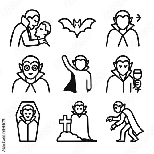 Vampire Action Icons. Outline icon set of vampire actions: biting neck, flying bat, transformation, hypnotizing eyes, disappearing