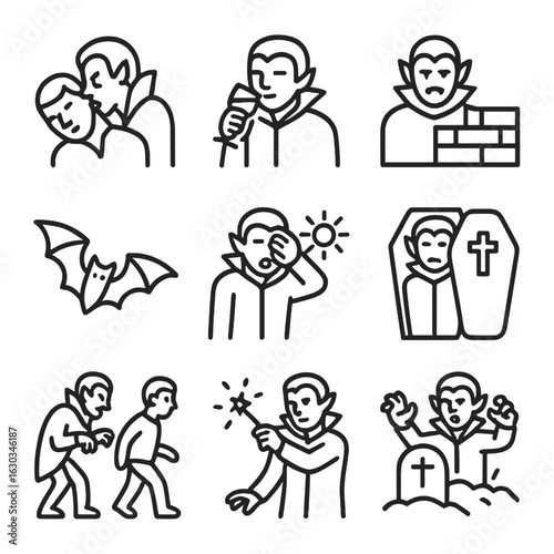 Vampire Activity Icons. Outline icon set of vampire activities: biting neck, drinking blood, lurking in shadows, transforming into