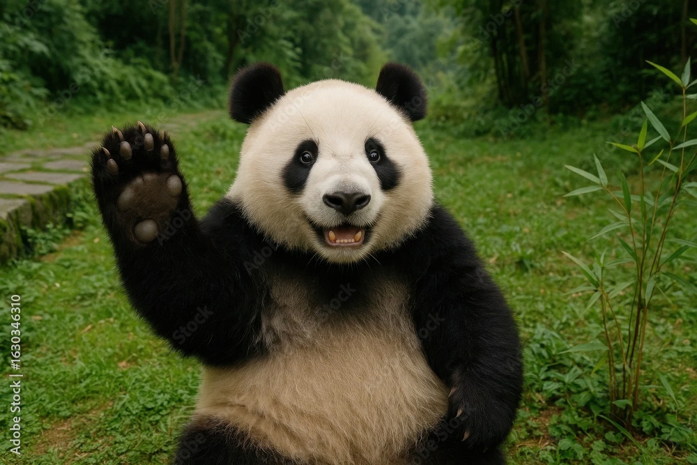 Fototapeta premium A playful panda waves in a lush forest