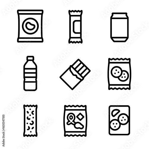 Vending Snacks Icons. Outline icon set of vending machine snacks: chip bag, candy bar, soda can, bottled water, gum pack, cookies,