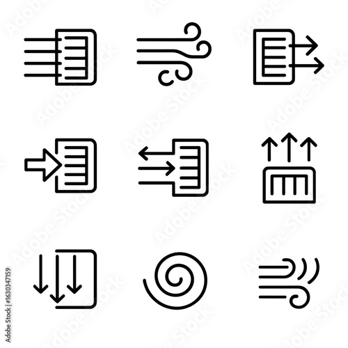 Ventilation Flow Icons. Outline icon set of air flow types in vents: laminar flow, turbulent flow, directional flow, backdraft,