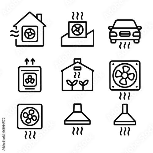 Ventilation Icons Grid. Outline icon set of vent applications: home ventilation, industrial ventilation, vehicle ventilation,