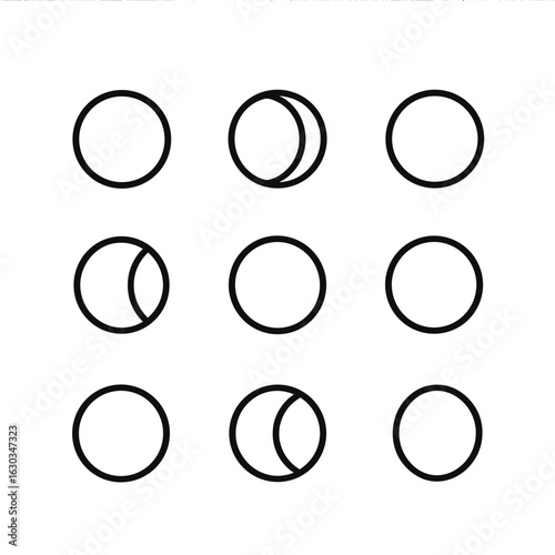 Venus Phases Icons. Outline icon set of phases of Venus: new phase, crescent phase, first quarter phase, gibbous phase, full phase