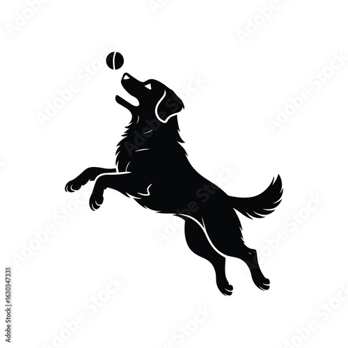 Black silhouette of a dog jumping for a ball playing