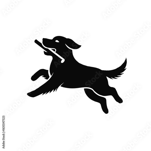 Black silhouette of a dog running with a stick in its mouth