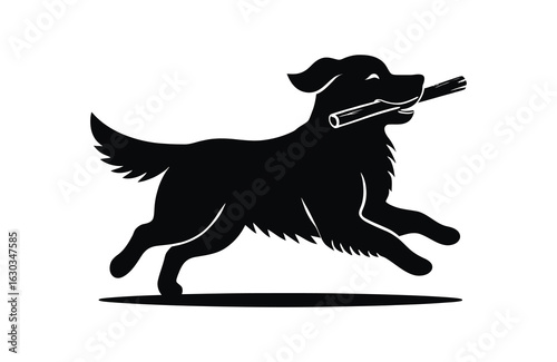 Black silhouette of a dog running with a stick playing