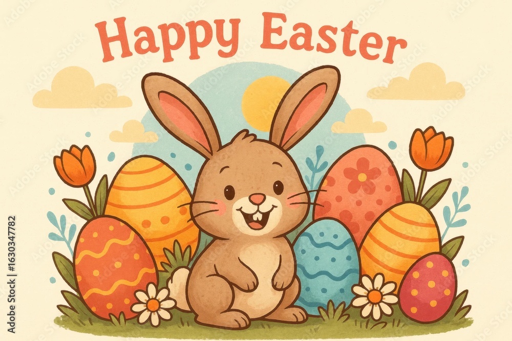 Fototapeta premium Happy Easter! 🌞🎉 A joyful bunny surrounded by colorful eggs in a springtime setting