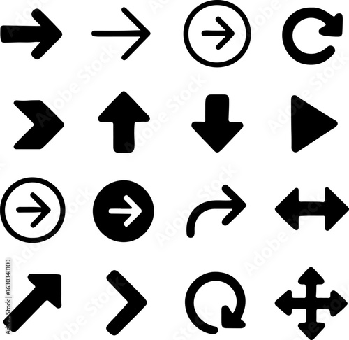 Collection of various black arrow icons in a simple silhouette style for navigation and directional cues silhouette