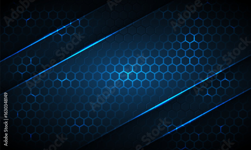 Dark blue hexagonal technology abstract background with neon stripes. Light blue bright energy flashes under hexagon in modern dark technology futuristic background. Navy blue honeycomb texture grid.